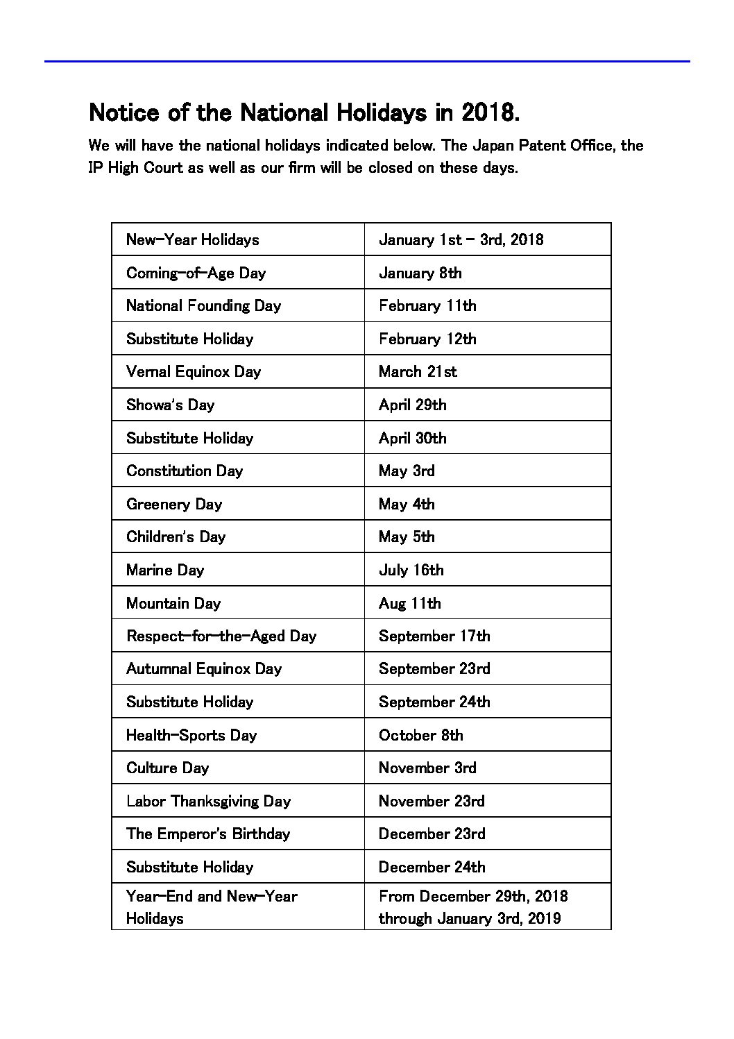 National Holidays in 2018 YUASA AND HARA